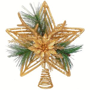 1pc ,Christmas Tree Topper Star ,11.6 Inch Glitter Gold Star Christmas Tree Topper With Antlers Pine Needles And Poinsettia ,Decoration For Home Party Winter