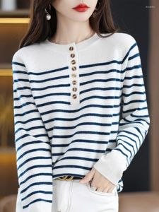 Women's Sweaters Autumn And Winter 100 Pure Wool Sweater Round Neck Half Cardigan Striped Cashmere Loose Knitted Bottoming