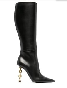 Designer de luxo Mulheres de salto alto bota longa TF Fords botas Cadeado camurça joelho de couro sobre botas preto marrom couro de bezerro com salto dourado pontudo dedo do pé vestido de inverno bombas