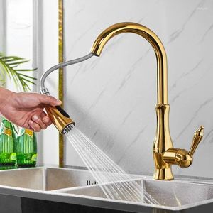 Kitchen Faucets Brass Bright Golden Faucet Pull Out Sink Water Tap Single Handle Mixer 360 Rotation Shower