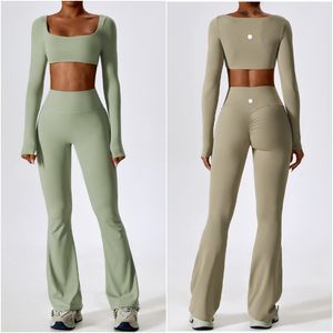 Womens LL-8232 Yoga Outfit Yoga Sets Long Sleeve Shirts Pants Bell-bottom Trousers Excerise Sport Gym Running Long Pant Elastic High Waist Sportwear