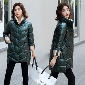 Kvinnor Down Bright Cotton Jacket Kvinnor Vinter Löst Casual Thick Warm Vadda rockar Långtrock Kvinnliga Green Women's Coat Parkas