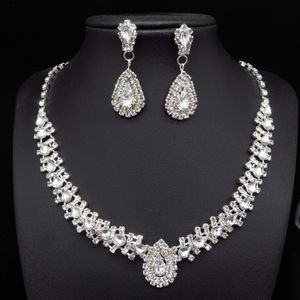 Sparkling Rhinestone Crystal Teardrop Design Wedding Bridal Jewelry Set Silver Plated Women Choker Necklace Earrings