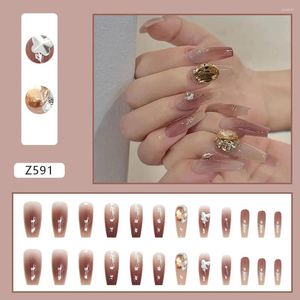 Falska naglar 24st Fake French Medium Lenght Ballerina Diamond Nail Art Full Cover Short Pink Press On Bling 3D Coffin återanvändbar