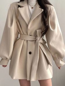 Kvinnors ull blandar koreanska tjocka kvinnliga trencher varma jackor Tänd krage lång puffhylsa kläder hösten elegant bälte kappa kvinnor chic midi topp 231021