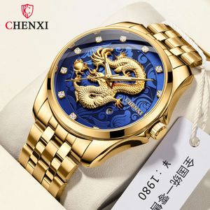 Chenxi 8220 En İyi Marka Erkekler Golden Dragon Quartz Watches 30m Su Geçirmez Tarih Ekran Paslanmaz çelik kayış erkek kol saatleri