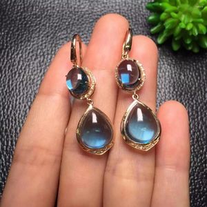 Kolczyki Dangle Fine Biżuteria Kolekcja Prawdziwa 18K Rose Gold AU750 Natural Blue Topaz Kamień Kamienia dla kobiet