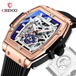 CHENXI 8851 Weinkübel, quadratisch, automatisch, mechanisch, hochwertiges hohles Silikonband, wasserdicht, leuchtend, Herrenuhr