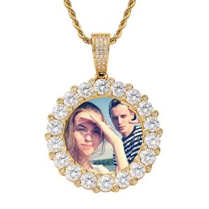 Designer de colar de pingente personalizado para mulheres homens moldura de foto diy privado personalizado casal foto comemorativa redonda grande zircão sólido hip hop correntes jóias presente