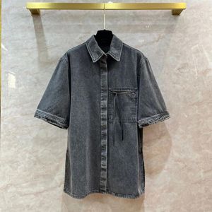 Women's Blouses 2023 High Quality Fashionable Retro Washed Gray Medium Length Denim Short Sleeved Shirt Loose Fitting