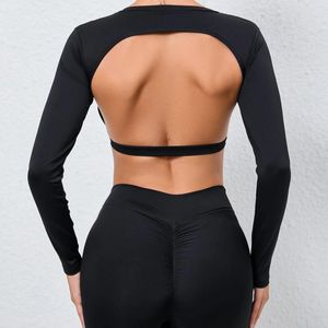 Aktiva skjortor Yoga Träning Backless BRA Gym Women Fitness långärmad gröda med bröstkudde som kör snabb torr smal sexig