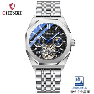 CHENXI 8814 nuovissimo orologio meccanico luminoso impermeabile da uomo con volano di fascia alta, sole, luna e stelle