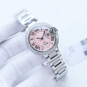 Designer Womens Quartz Watch 33mm Diamond Classic Roman Pink Dial Fish Eye Bubble Double Sapphire Mirror Watch 316 Rostfritt stål Fodral 30 meter djup vattentät