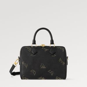 Explosion Damen Neue Taschen M46736 Speedy Bandouliere 25 Handtasche schwarz Kissentasche einzigartiges Motiv goldene Nieten Rock Roll Speedy klassische Reise Lederoberseite Vorhängeschloss Reißverschluss Meer