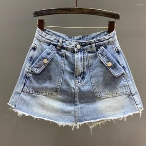 Kadınlar Şort Pocket Denim Etek Pantolon Kızlar Yaz Bir Çizgi Pamuk Yüksek Bel Geniş Boy Kısa Pantolon