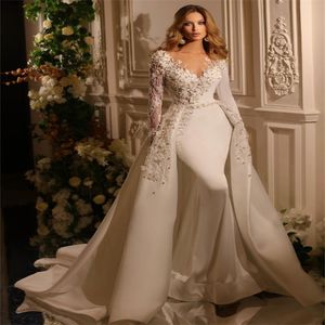 Gorgeous Mermaid Wedding Dress With Detachable Train 2024 Long Sleeve 2 In 1 Overskirt Flowers Beaded Church Bridal Gowns Elegant Princess Women Vestidos De Novia