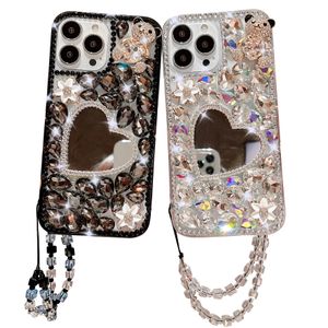 Flower Rhineston Telefonfodral Sweetheart Mirror Luxury iPhone Cover Anti-Drop Armband för iPhone 15 Pro Max Ultra 14 13 12 High-End Design Defender Protective Covers