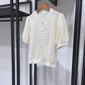 Women's T Shirts Vintage Rhombock Hollowed-out Crew-neck Thin Puffy Sleeve Knit Cardigan