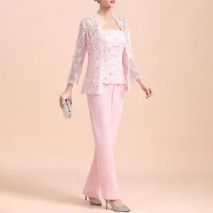 Women's Two Piece Pants Chiffon Pantsuit For Women Lace Wedding Dresses Mother Of The Bride Dress With Jacket Evening Custom Guest