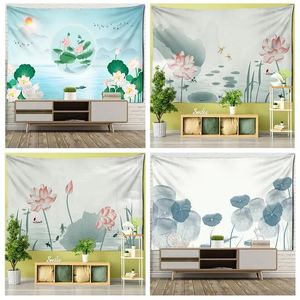 Tapestries Lotus Goldfish Ink Painting Tapestry Leaf Landscape Living Room Home Background Hanging Cloth Wall Decoration TAPIZ