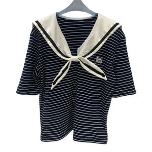 Miumius T-Shirt Designer Fashion Women Tie Bow Navy Neck Stripe Stripe Women's Academy Style Emped Age Sweet Propediile Top Fresh Top