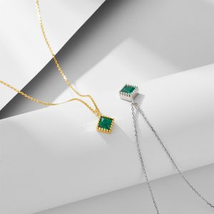 designer necklace INS Light Luxury, Small, and High Quality Geometric Square Emerald Zircon Pendant, Sterling Silver Necklace, Collar Chain, Female gifts