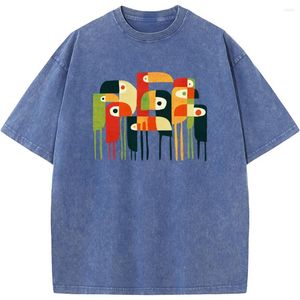 Herr t-skjortor geometrisk fågelfamilj kortärmad skjorta unisex andningsbara avslappnade tees vintage färgade herr t-shirts