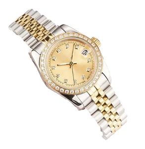 Damenuhr 31 mm Uhren Gold Edelstahl Frau 2813 Uhrwerk Diamantlünette Dame Damenarmbanduhren