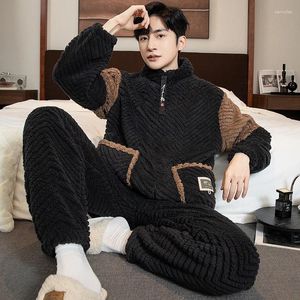 Men's Sleepwear Men Pajamas Set Autumn Winter Coral Fleece Zipper Style Plush Thick Warm Homewear Thermal Velvelt Nightcloth Suit Male