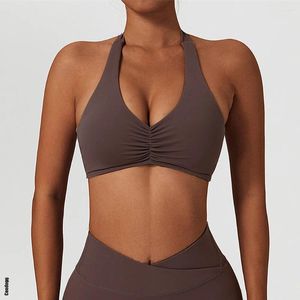 Yoga Outfit 2023 Nylon Women Halter Sports Bra High Support Impact Ruched Fitness Gym Top Workout Clothes Push-up Corset Pad Activewear