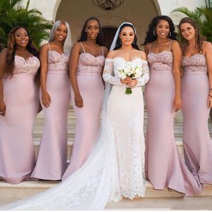 Custom Pink Mermaid Bridesmaid Dresses For Western Summer Weddings 2023 Lace Appliques Spaghetti Straps Long Maid of Honor Gowns