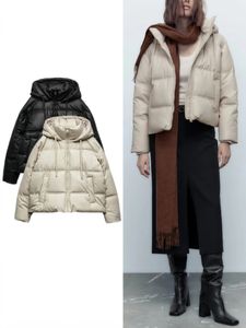 Misto lana da donna ZBZA Autunno Inverno addensato caldo PU finta pelle giacca imbottita corta con cappuccio Top cappotto Parka sintetico 231021