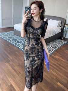 Basic Casual Women Dresses French Sexy Lace Dress for Women Sheer Black Hook Flower Wrapped Chest Slim Fit Midi Robe Femme Evening Party Banquet Vestidos 2024