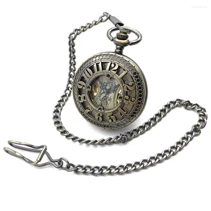 Relógios de bolso esqueleto steampunk bronze tom oco caso mão mecânica vento relógio masculino números romanos dial hombre relogio
