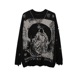 Kolye ile erkek kazakları yırtık büyük boy kazaklar yıpranmış örgü siyah goth erkekler y2k grunge kadınlar vintage sweater harajuku üst kısımlar 231021