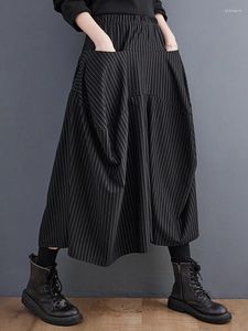 Женские брюки 2023, весенне-осенние, с высокой эластичной резинкой на талии, в винтажную полоску, большие размеры, с широкими штанинами, женские карманы, свободные повседневные модные женские брюки