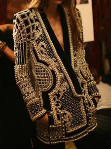 Женские костюмы Блейзеры HIGH STREET est Стильная дизайнерская куртка Женская женская куртка с v-образным вырезом и длинным рукавом Роскошный длинный блейзер с металлической отделкой из бисера 231021