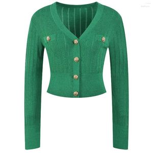 Damskie dzianiny Koreańskie Trendy Runway Design Cardigans for Women Sweter Płaszcz Złote przyciski dzianinowe topy w szyku w szyku w drewnie w szyku dekolt