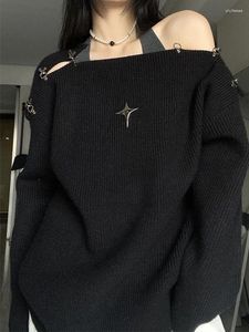 Kadın Sweaters y2k büyük boy kazak kadınlar Kore moda kapalı omuz örgü kazak kadın sonbahar kışlık gevşek metal tasarım