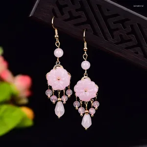 Orecchini pendenti Fiore di giada rosa intagliato Talismani vintage Amuleti da donna Moda Argento 925 Lusso Giadeite Calcedonio Gioielli naturali