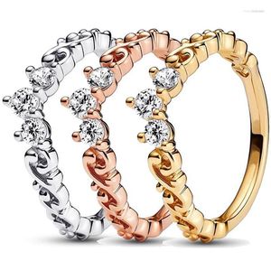 Anillos de racimo 925 anillo de plata esterlina rosa brillo dorado diadema corona con cristal para mujeres regalo de joyería