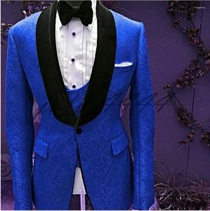 Ternos masculinos masculinos azul real e preto noivo smoking xale veludo lapela padrinhos casamento homem (jaqueta calças gravata colete) c673