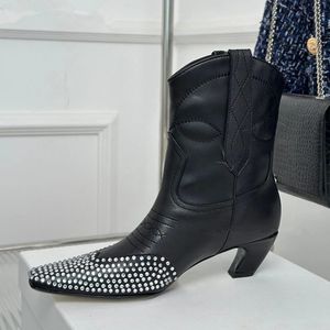 2023 herbst Echtes Leder Strass Kätzchen Ferse Stiefeletten Für Frauen Karree Chelsea Booties