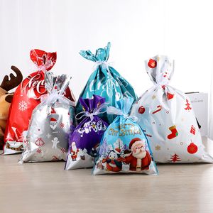 Christmas Gift Bags Santa Claus Wrapping Bags Merry Decorations for New Year Packaging Pouches Plastic Rope Wrap Pouch X-mas Festival Candy Sugar