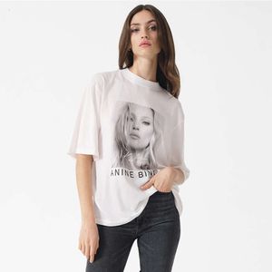 Carta de retrato impressa camisetas de algodão feminina designer solta manga curta camiseta