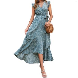 Casual klänningar Elegant Bohemian för Womens Summer Floral Ruffle Sleeve V Neck Boho Dress Lous Fit Beach sundress