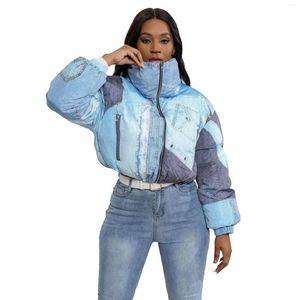Women's Trench Coats Retro Denim Print Puffer Jackets Woman Thick Warm Winter Clothes Women 2023 Long Sleeve Zip-Up Bubble Down Female