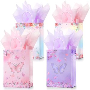 Gift Wrap 6pcs Butterfly Party Favors Bag Pink Purple Flowers Bags For Girls Birthday Baby Shower Supplies