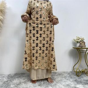 Etniska kläder Muslin Abaya för kvinnor Dubai 2023 Luxury Sequin fransad rund hals Muslimsk kvinnors a-line fullfodringsklänning Ramadan Islamic