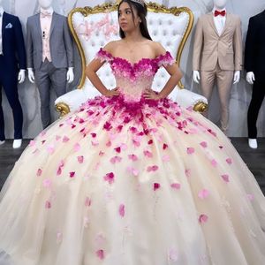 Champagne Sweetheart Princess Ball Gown Quinceanera Dresses Off Shoulder Flowers Appliques Beads Luxury Corset Vestidos De 15 Anos